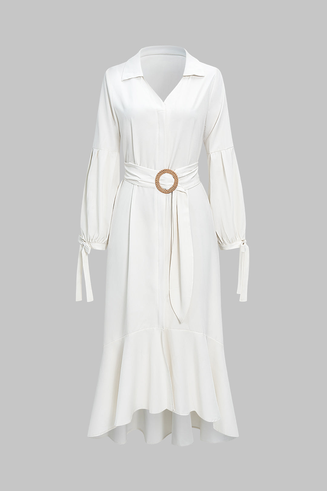 Solid V-Neck Belted Tie-Up Long Sleeve Maxi Dress