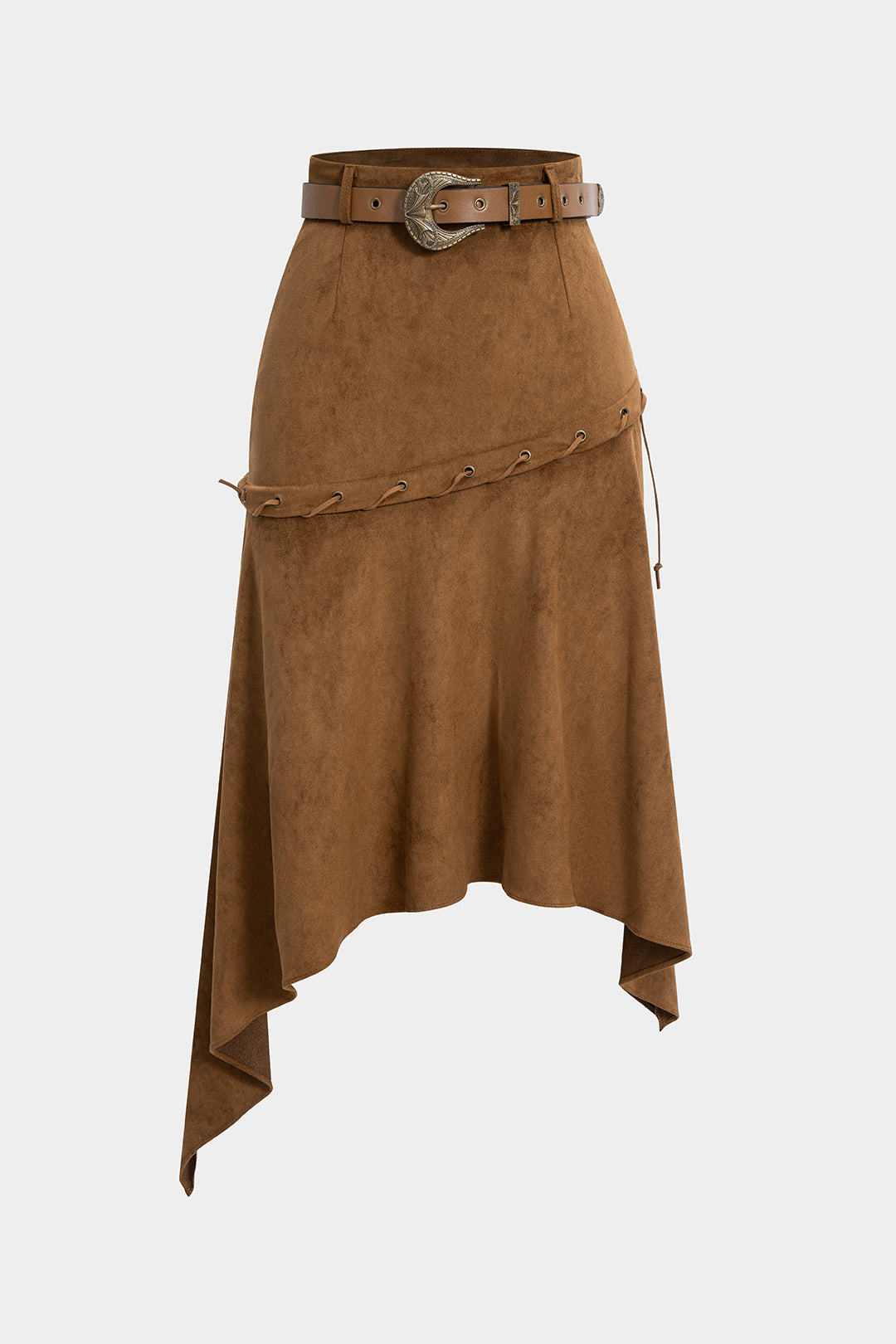 חצאית גבוהה עם חגורה מזמש ומכפלת לא סדירה 