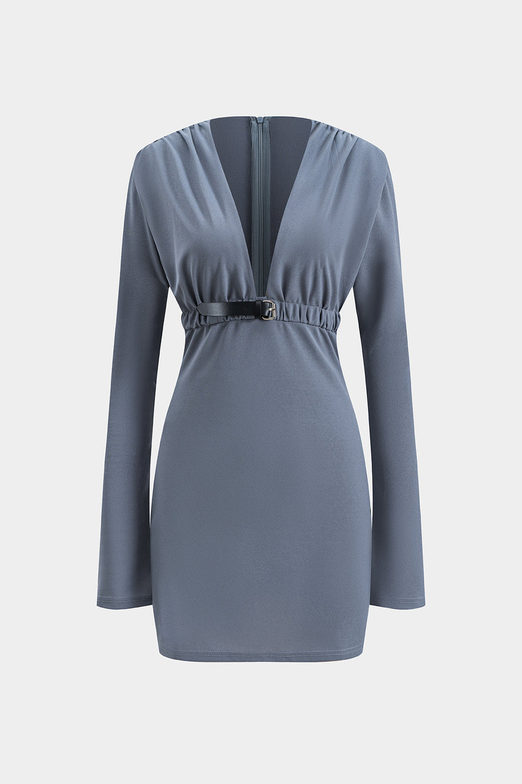 שמלת מיני עם רוכסן וחגורה, צווארון V ושרוולים ארוכים 