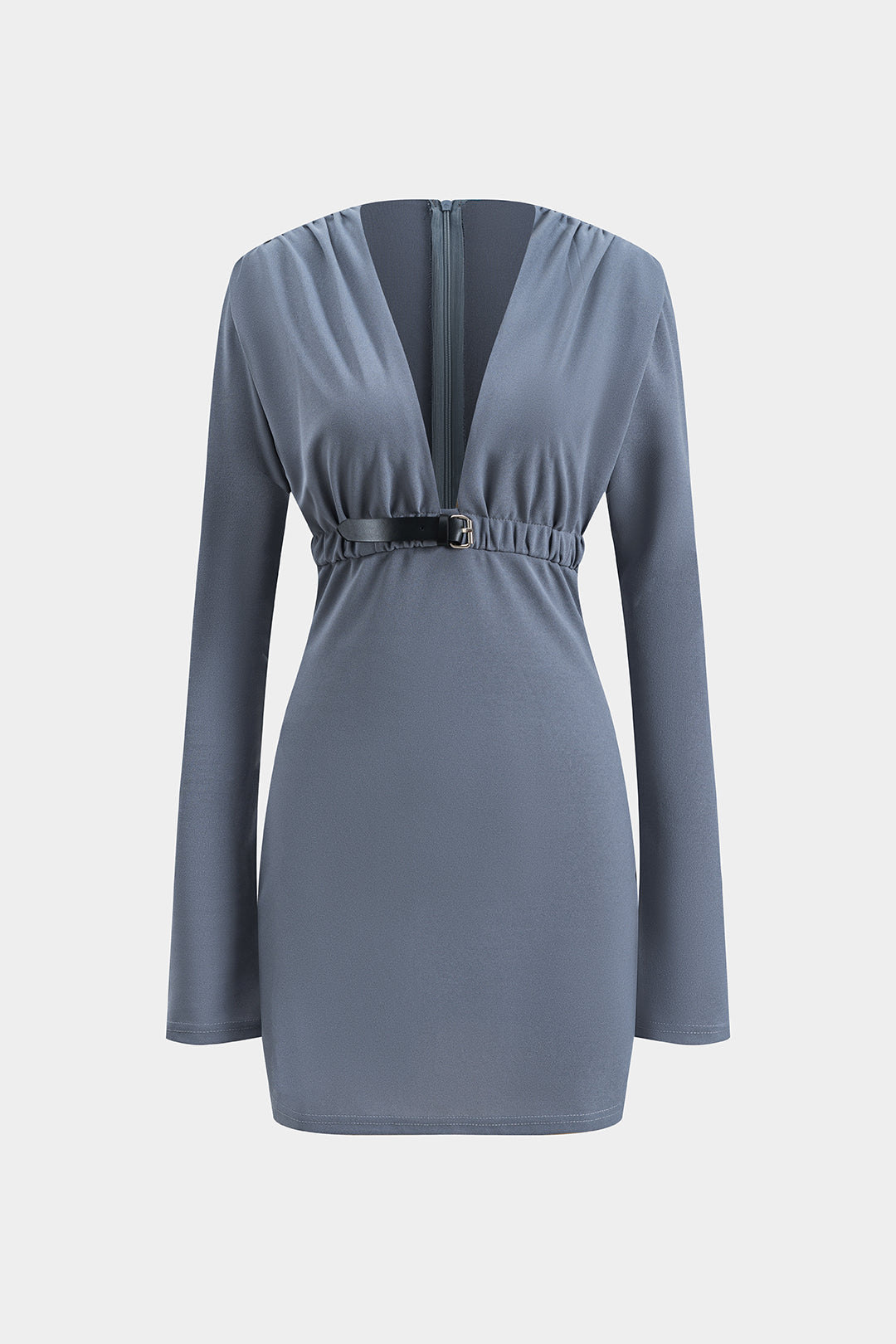 שמלת מיני עם רוכסן וחגורה, צווארון V ושרוולים ארוכים 