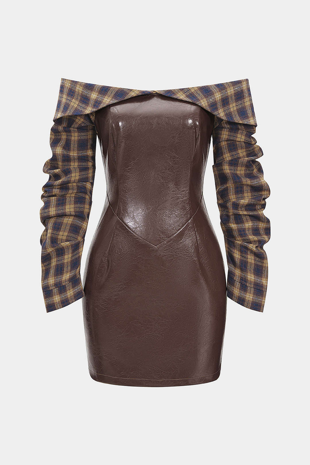 Faux Leather Patchwork Plaid Print Off Shoulder Zipper Long Sleeve Mini Dress