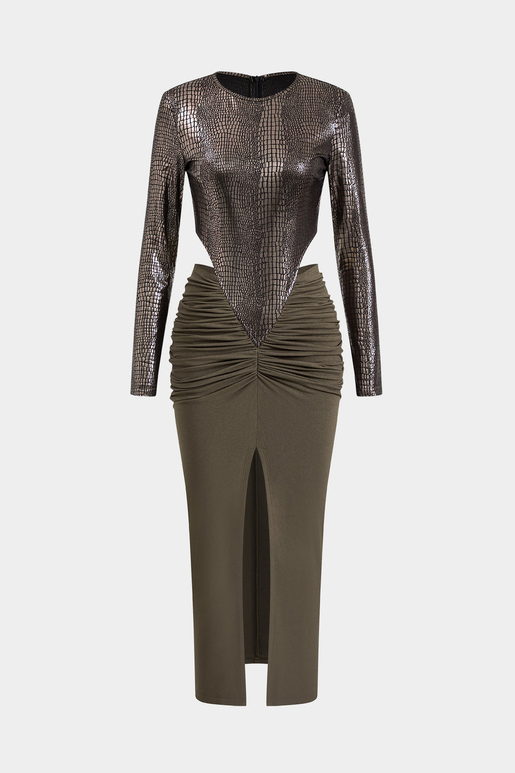 שמלת מקסי עם שרוולים ארוכים וטלאים דמוי עור 