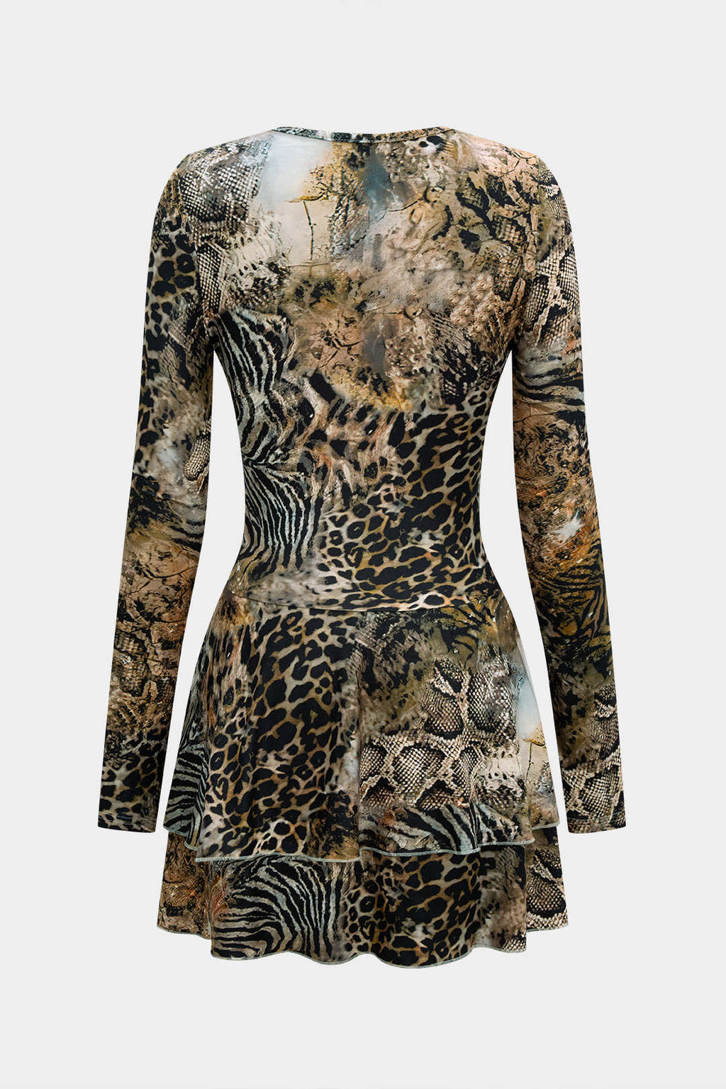 שמלת מיני עם שרוולים ארוכים וצווארון V עם הדפס נמר 