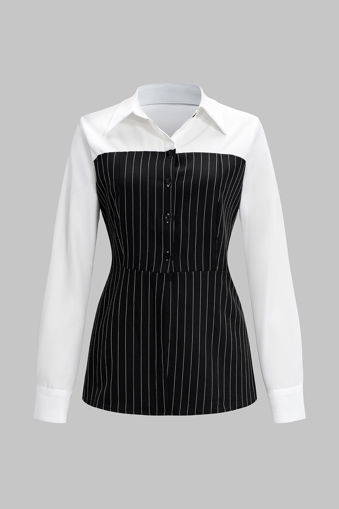 Stripes Print Button Patchwork Long-Sleeve Shirt