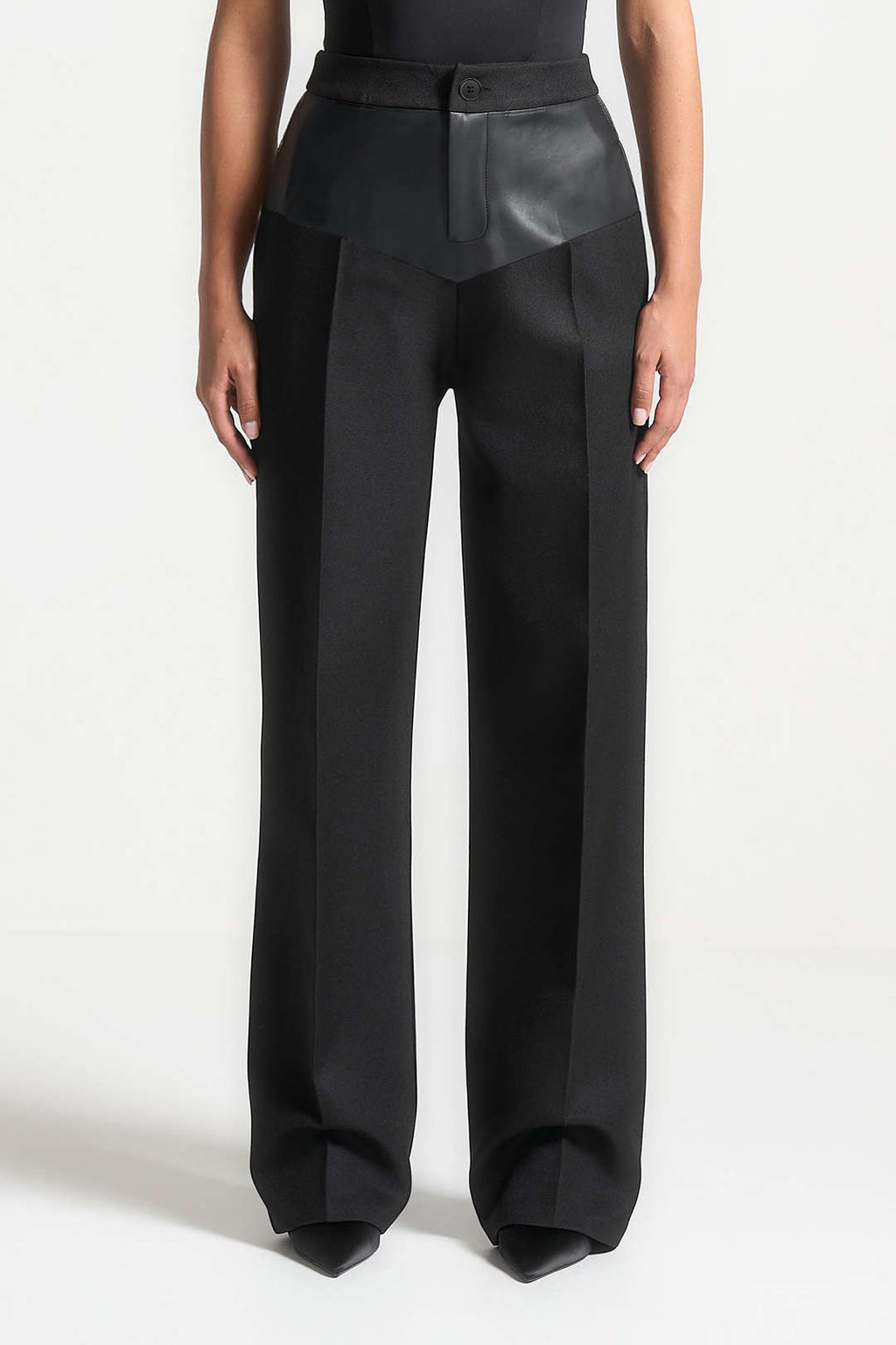 Pantalones Patchwork de Cuero Sintético Mujer Tiro Medio