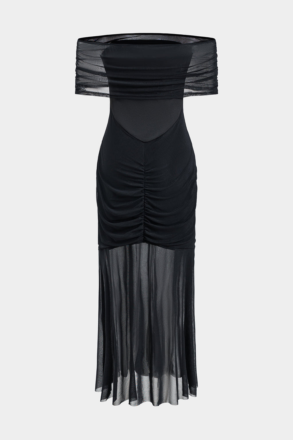 Mesh Off Shoulder Ruched Maxi Dress