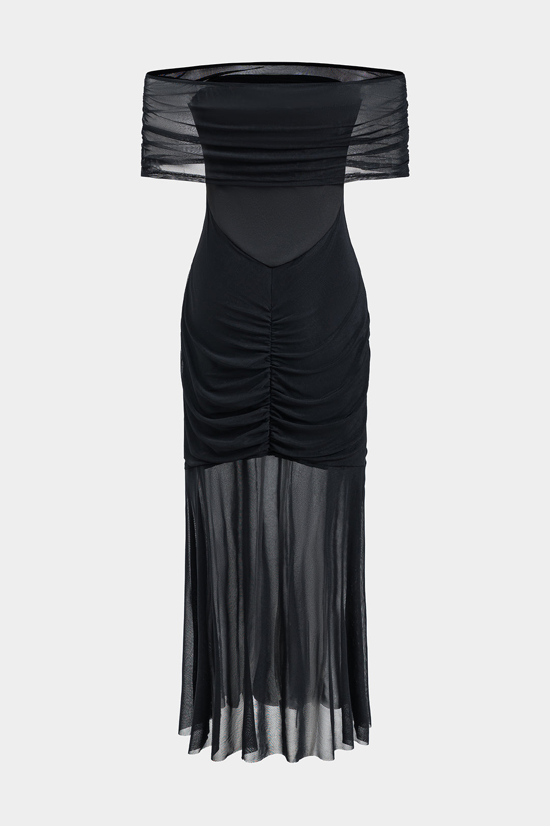 Mesh Off Shoulder Ruched Maxi Dress