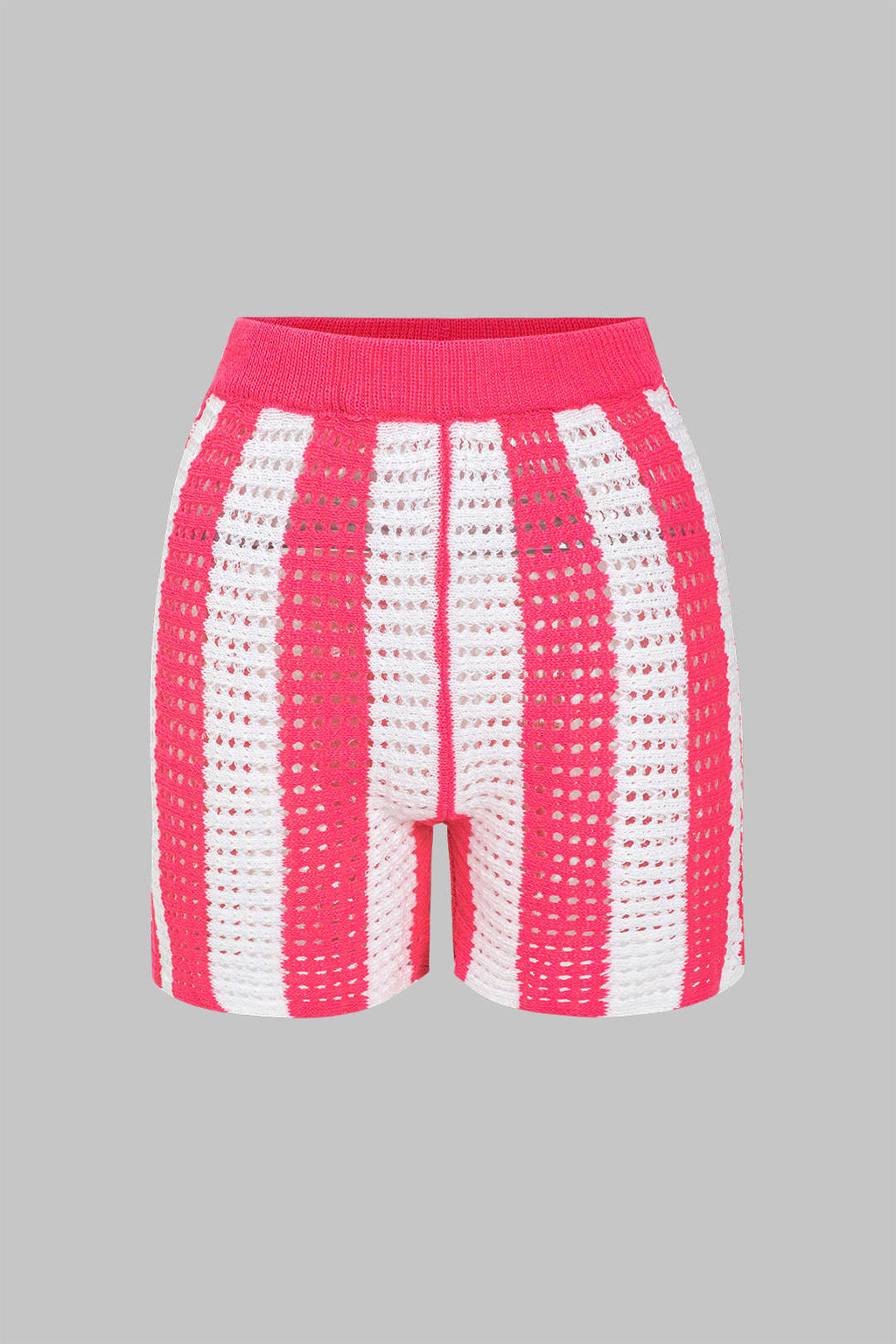 Conjunto Corto de Punto a Rayas Casual con Detalles Calados
