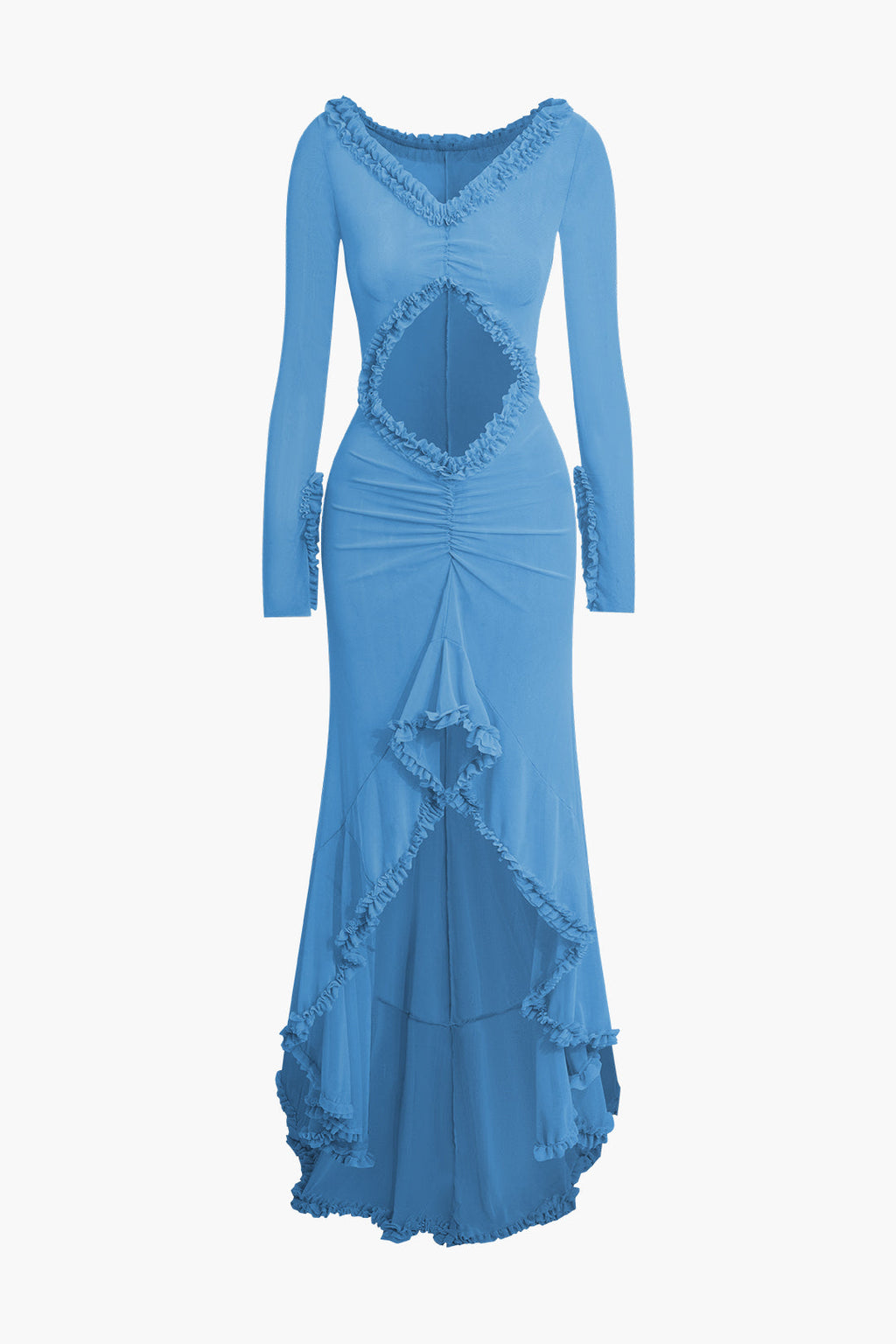 Ruffle Trim Ruched Cut Out Maxi Dress