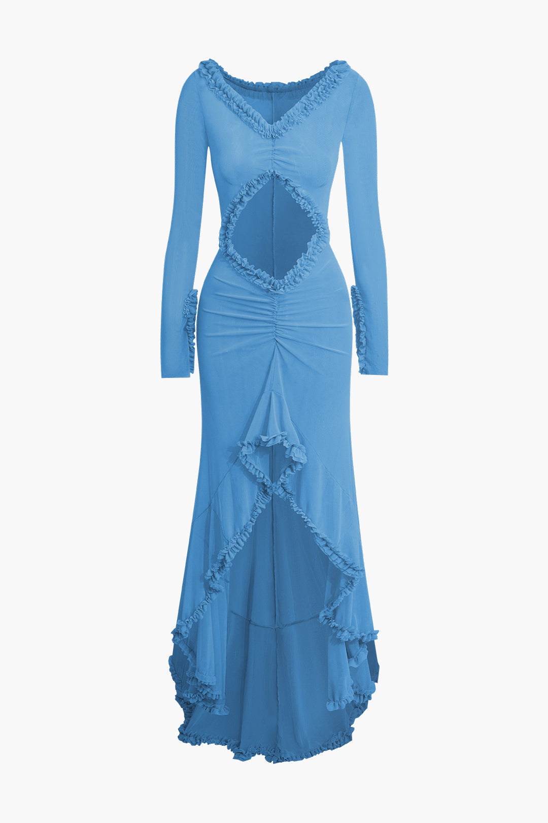 Ruffle Trim Ruched Cut Out Maxi Dress