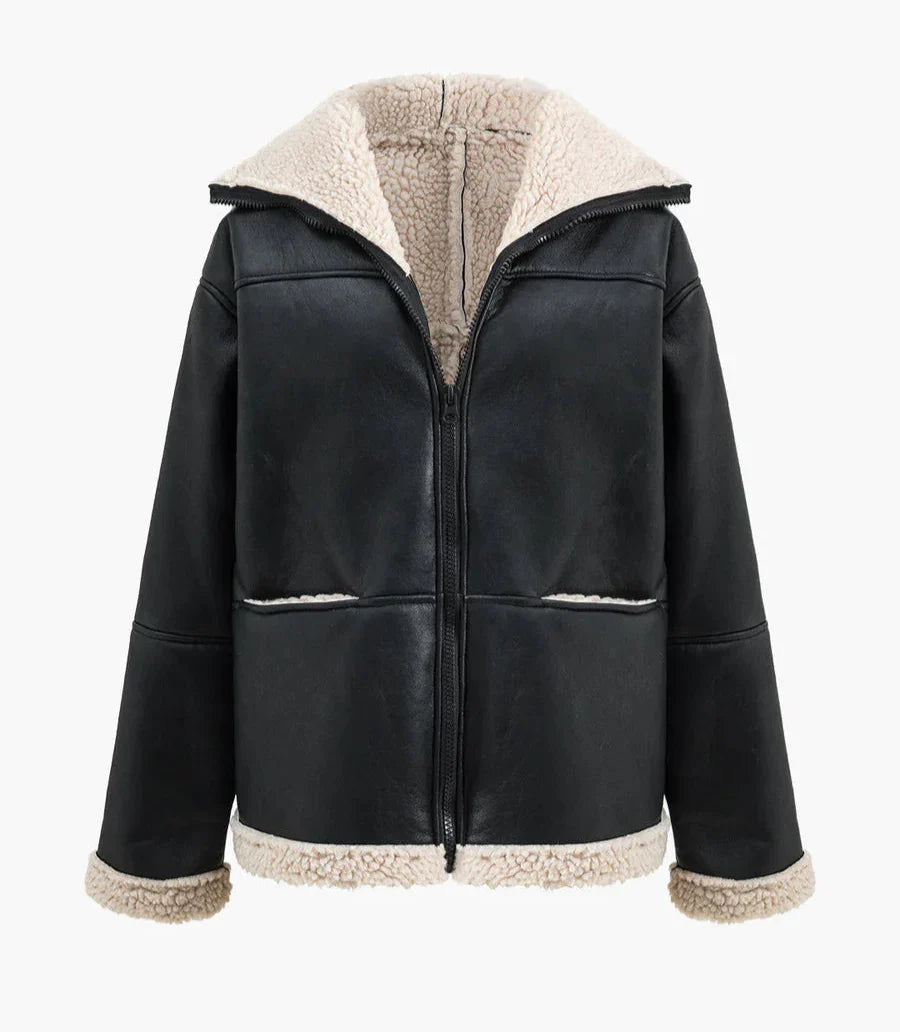 Chaqueta de Cuero Selant Exterior Negro con Detalles Cremas