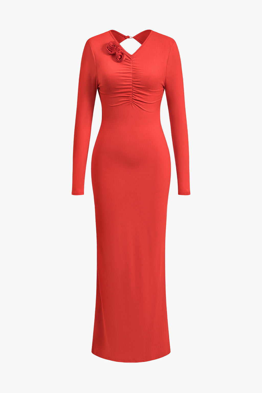 3D Flower Ruched Backless Long Sleeve Slit Maxi Dress