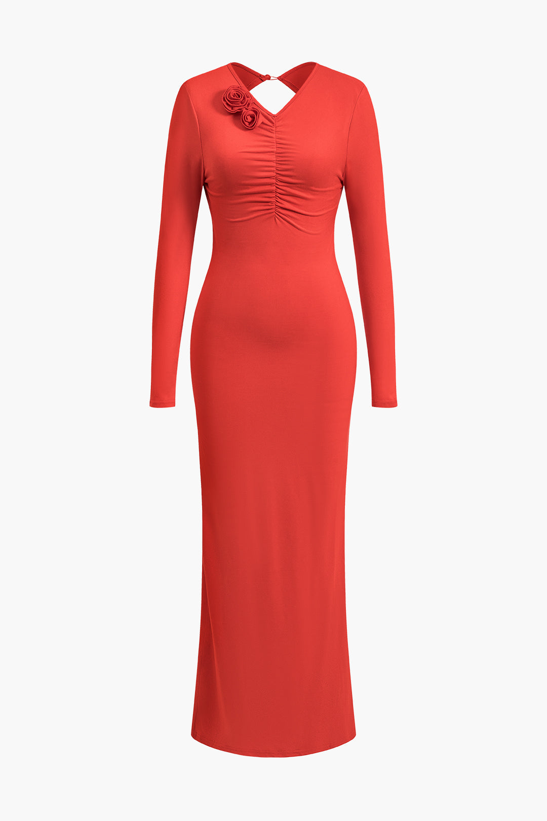 3D Flower Ruched Backless Long Sleeve Slit Maxi Dress