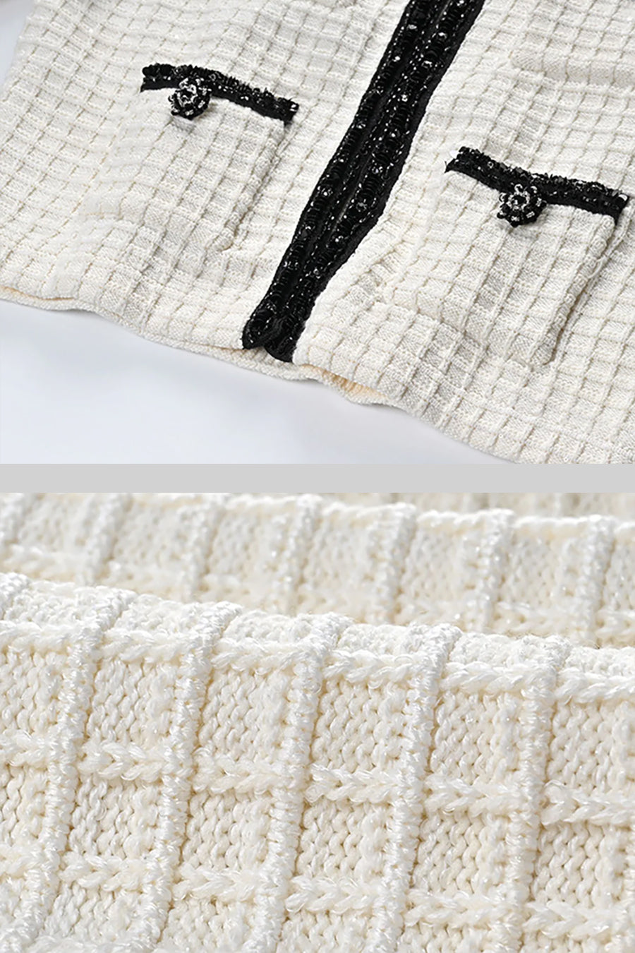 Conjunto de Traje Tweed con Detalles Negros Textura Blanca