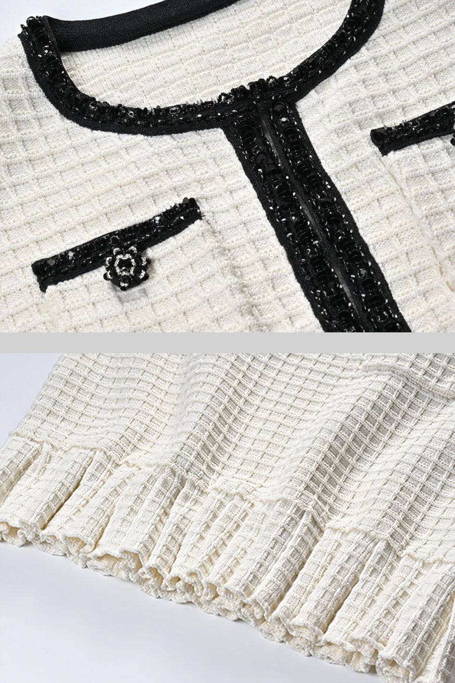 Conjunto de Traje Tweed con Detalles Negros Textura Blanca