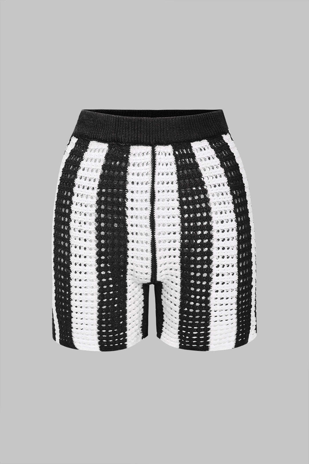 Conjunto Corto de Punto a Rayas Casual con Detalles Calados