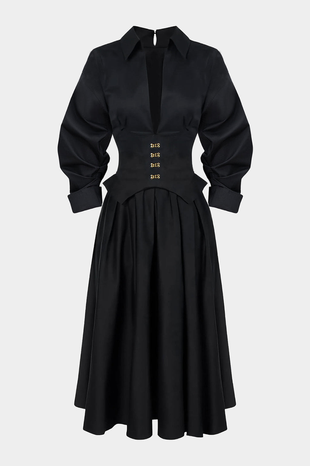 שמלת מידי עם רוכסן וחגורה במותן עם שרוולים ארוכים 