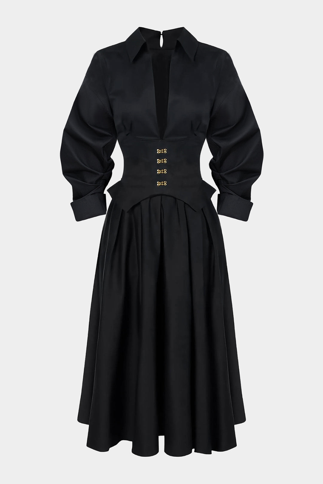 שמלת מידי עם רוכסן וחגורה במותן עם שרוולים ארוכים 