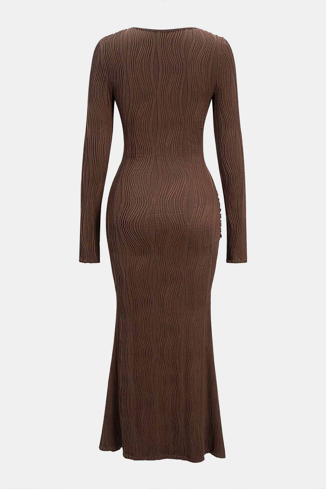 Patchwork Round Neck Tie Front Ruched Long Sleeve Maxi Dress