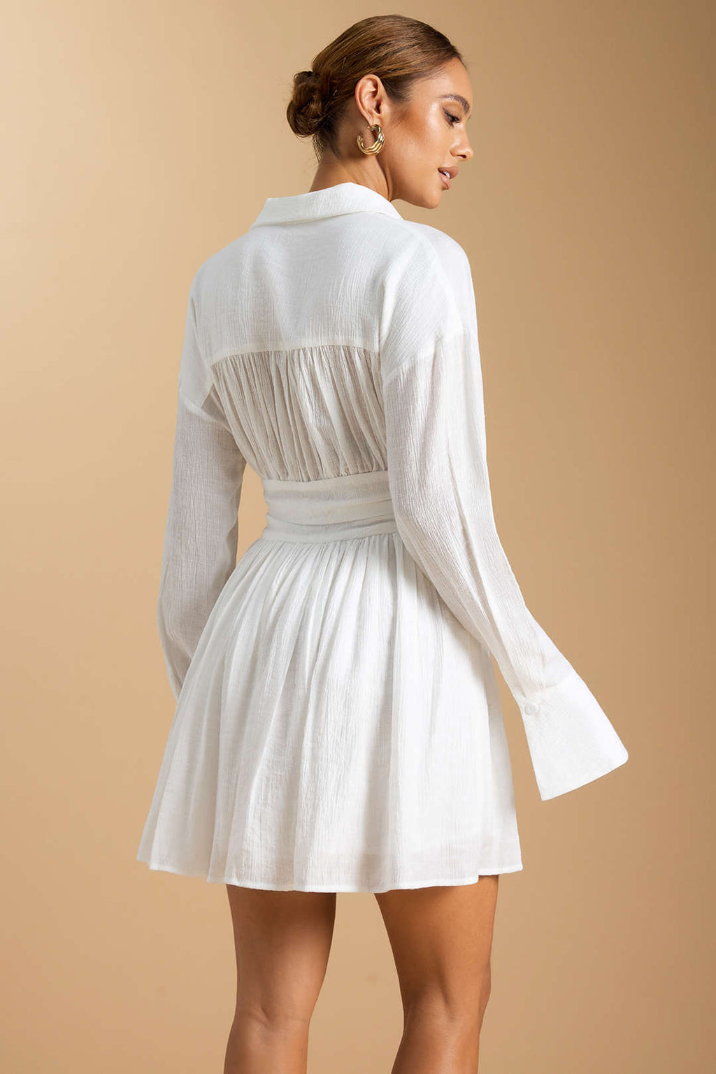 Button Ruched Long Sleeve Mini Dress