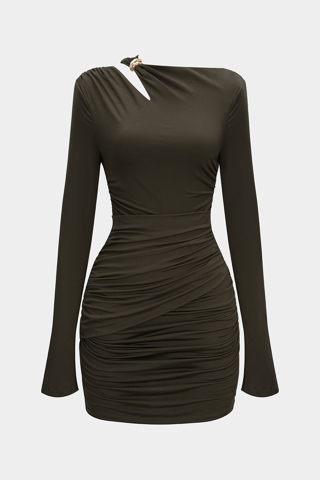 Asymmetrical Neck Ruched Long Sleeve Mini Dress