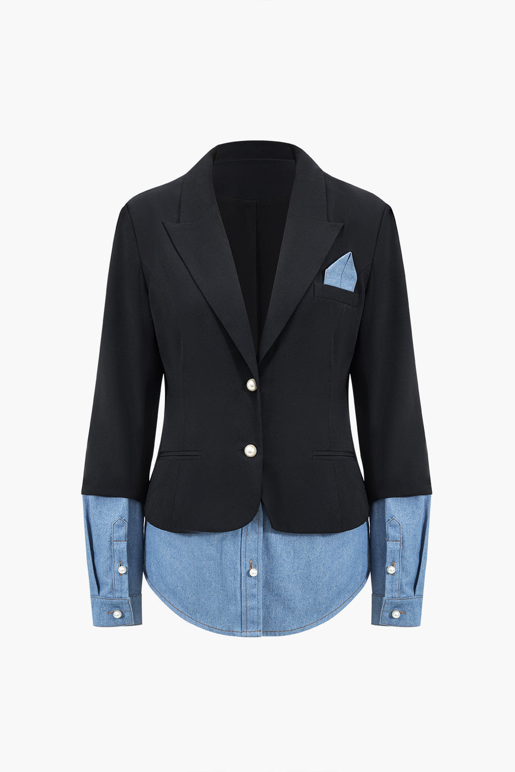 Blazer Denim Patchwork Cuello con Silueta Elegante Superior