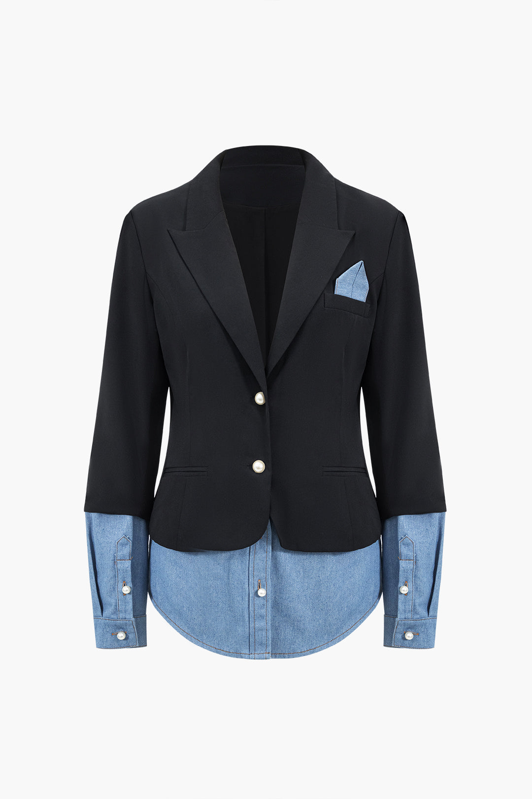 Blazer Denim Patchwork Cuello con Silueta Elegante Superior