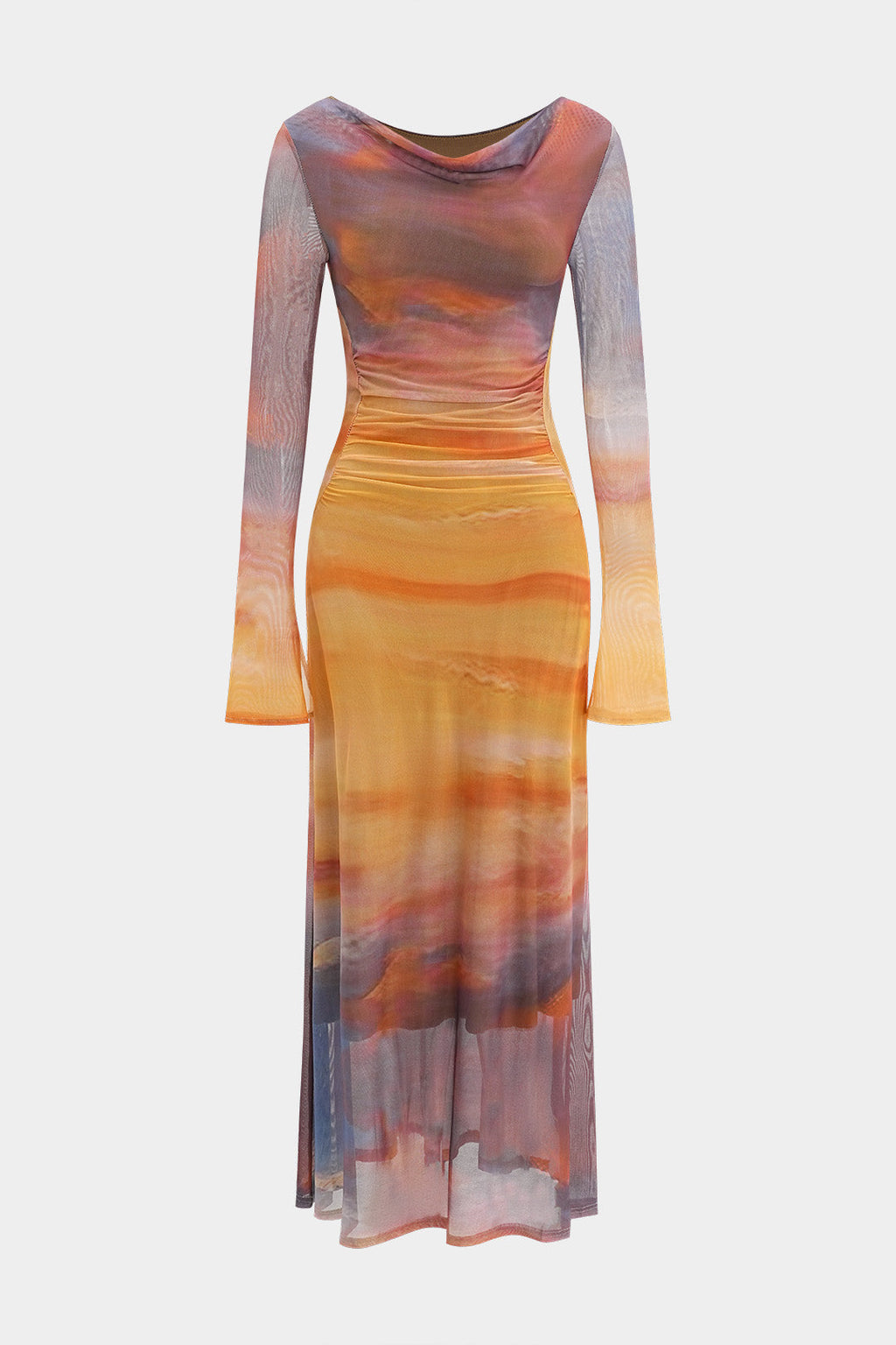Tie Dye Print Mesh Ruched Long Sleeve Maxi Dress