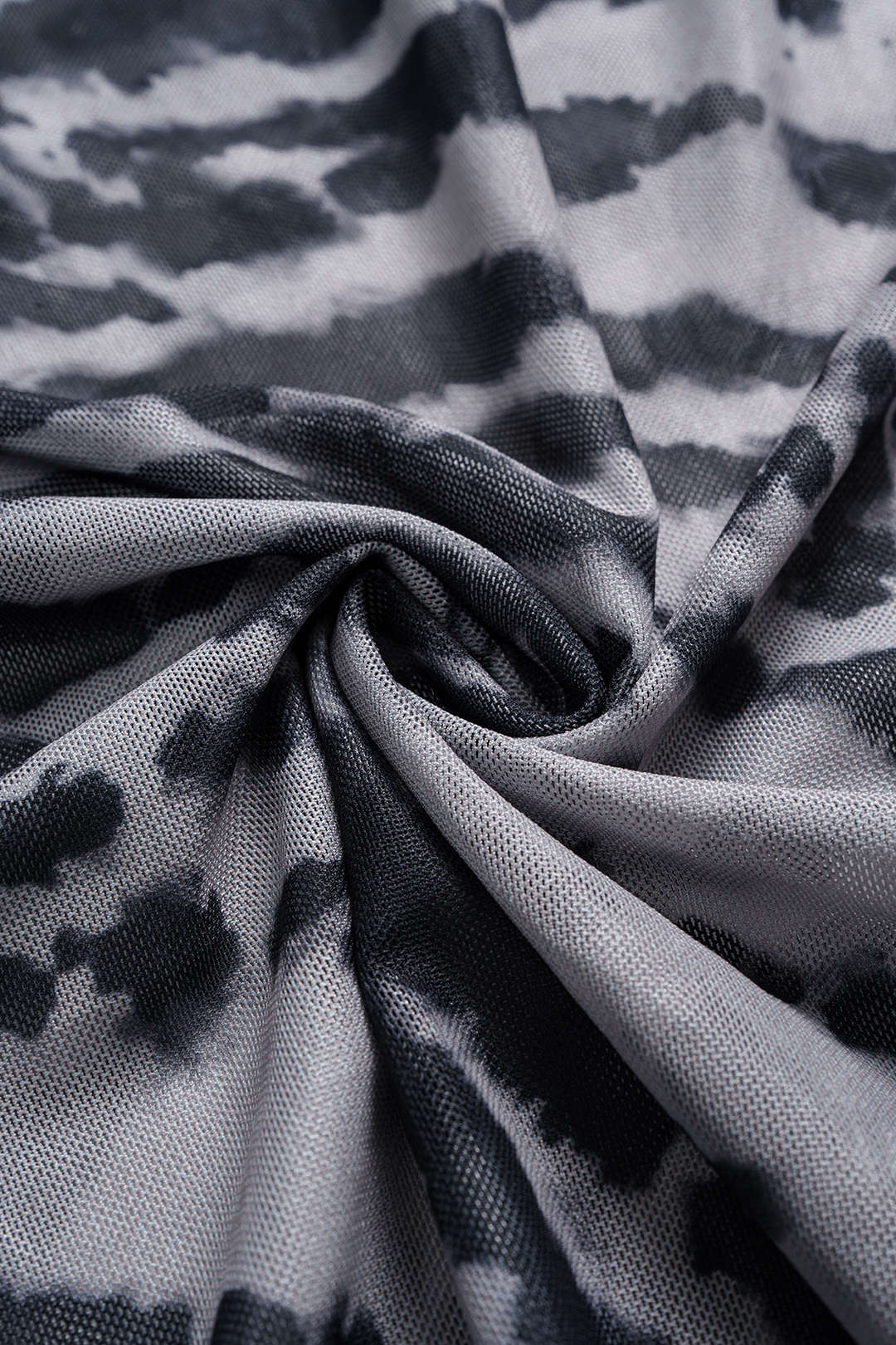 Contrast Print Mesh Ruched Long Sleeve Maxi Dress