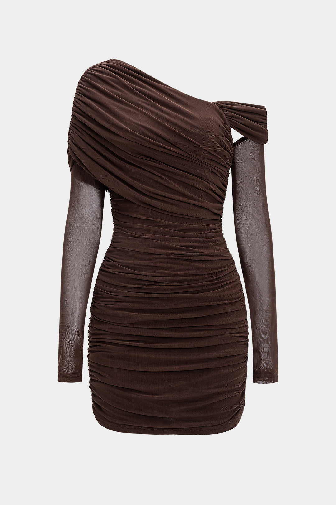 Mesh Ruched Asymmetrical Cut Out Long Sleeve Mini Dress