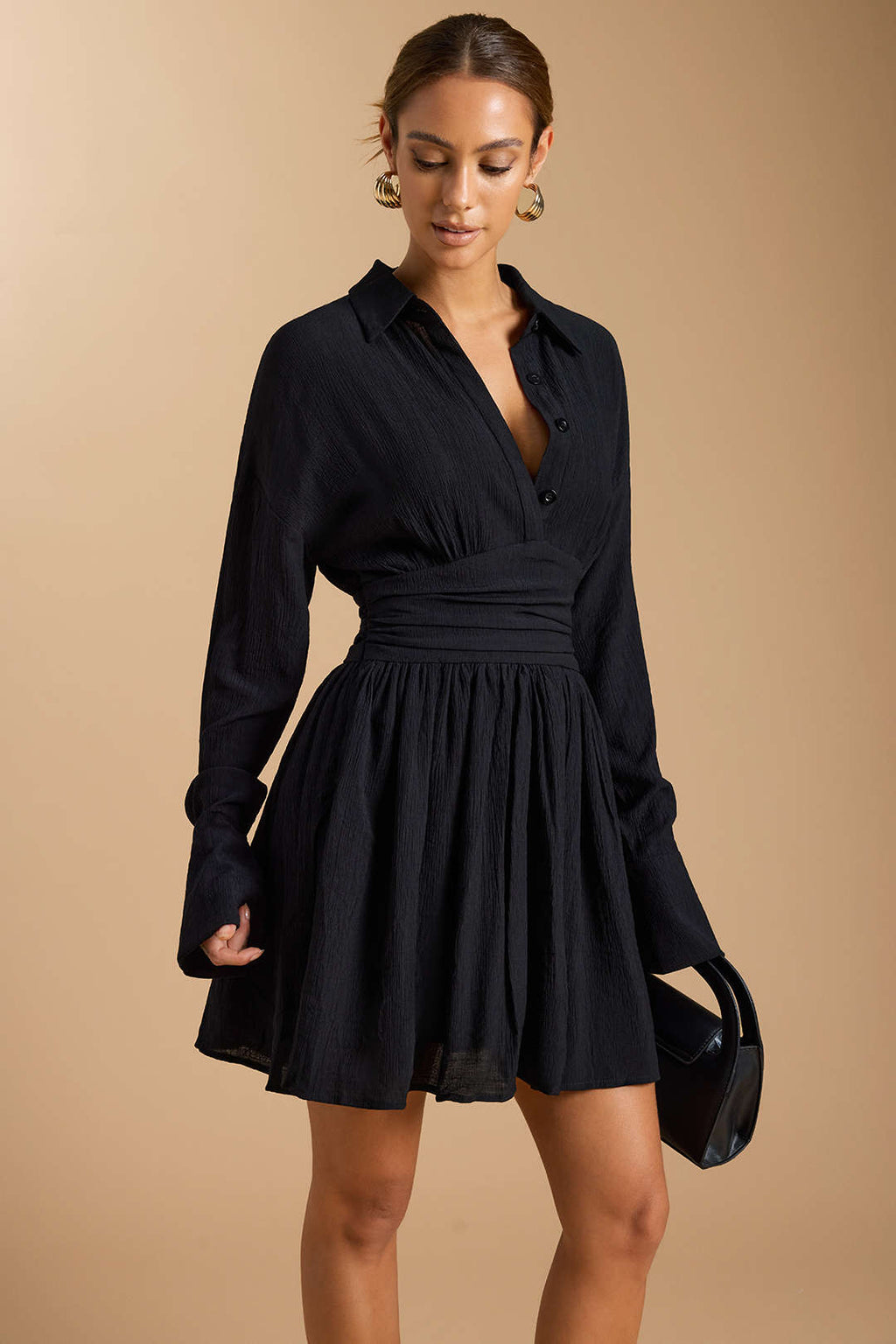 Button Ruched Long Sleeve Mini Dress