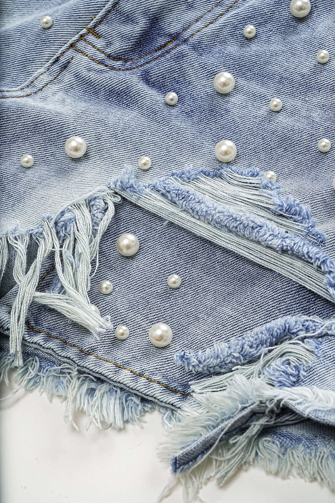 Shorts Denim Cintura Alta Con Abalorios Para Uso Diario