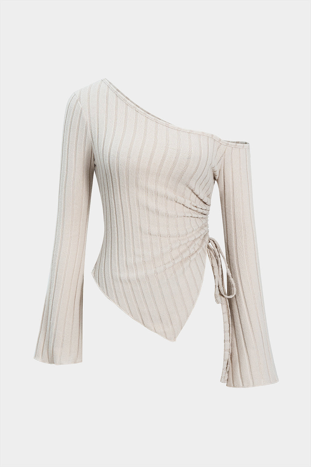 Asymmetrical Neck Drawstring Bell Long Sleeve T-Shirt