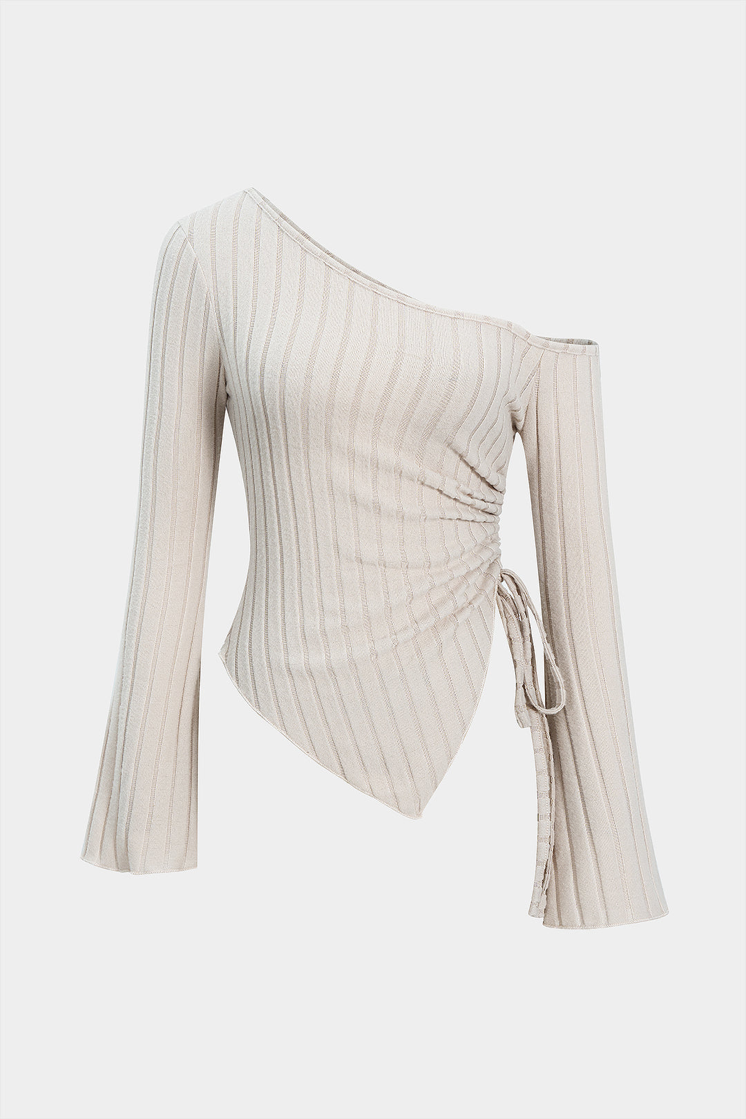 Asymmetrical Neck Drawstring Bell Long Sleeve T-Shirt