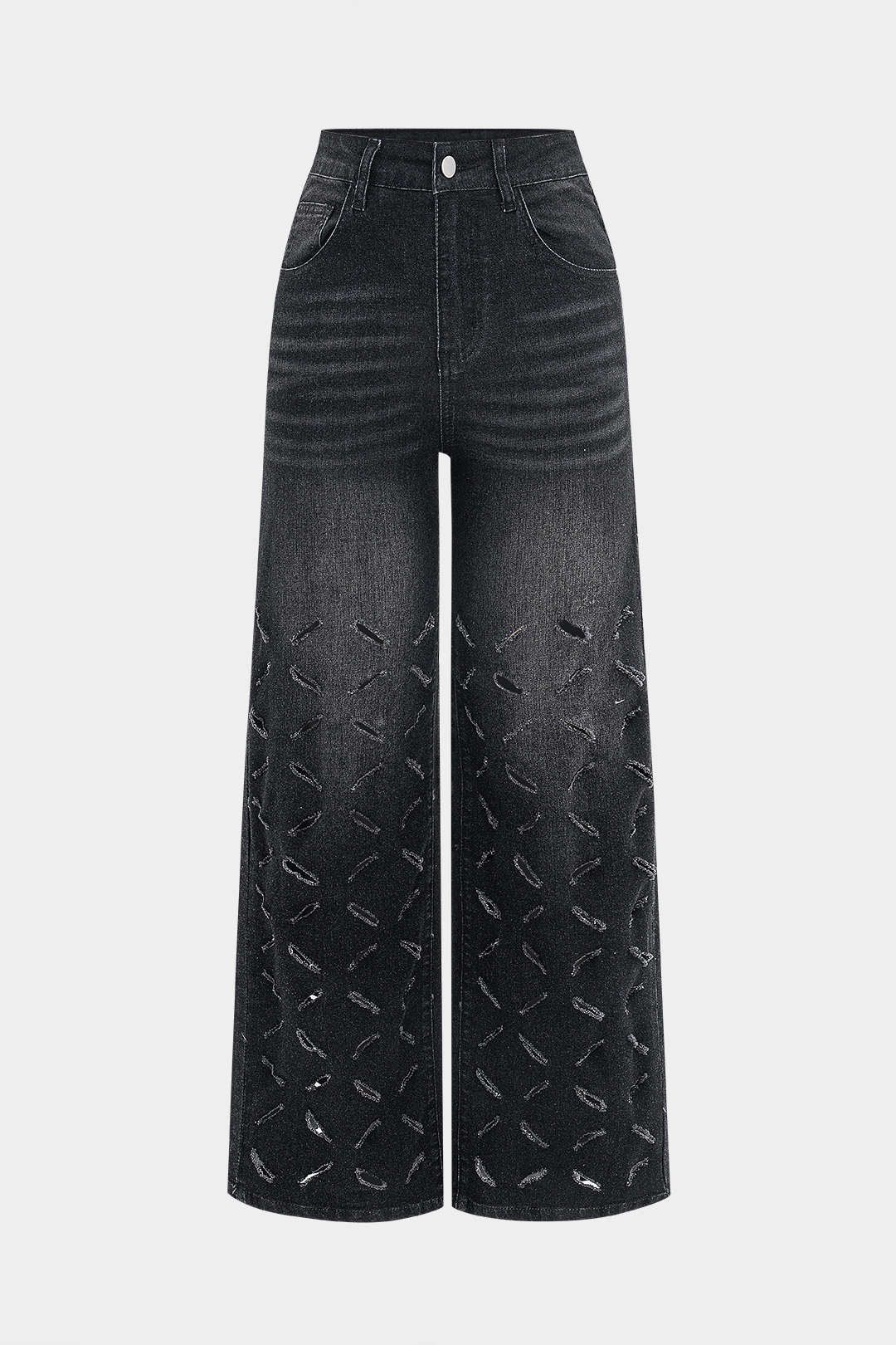 Vaqueros Denim Pierna Ancha Con Desgaste Y Bolsillos Botón