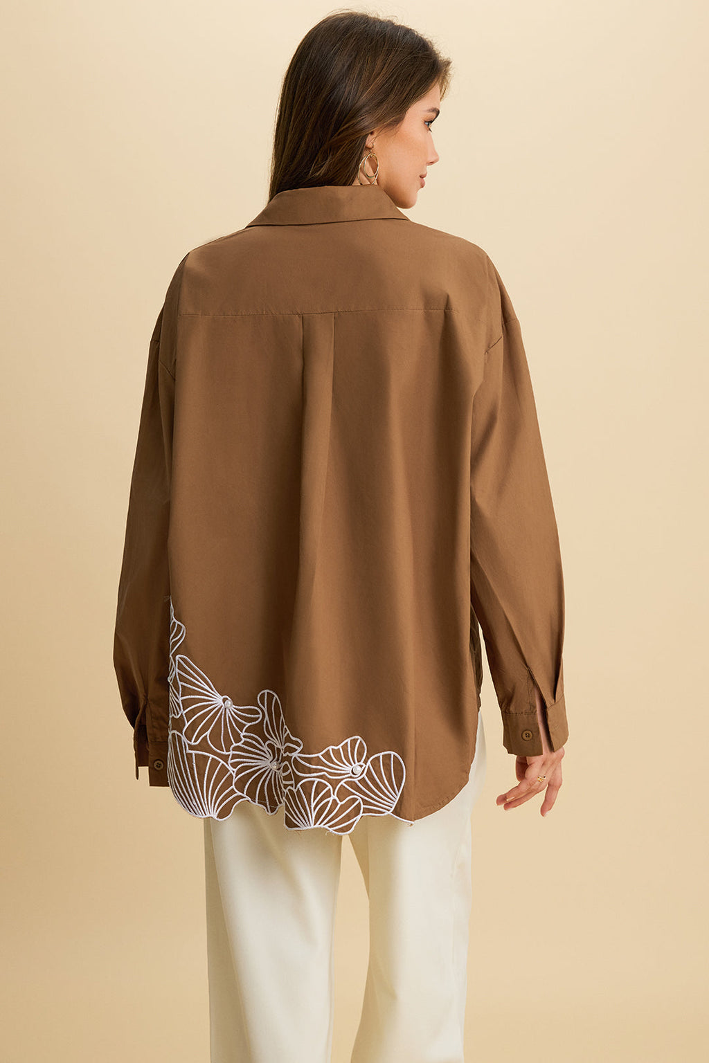 Asymmetrical Embroidery Button Long-Sleeve Shirt