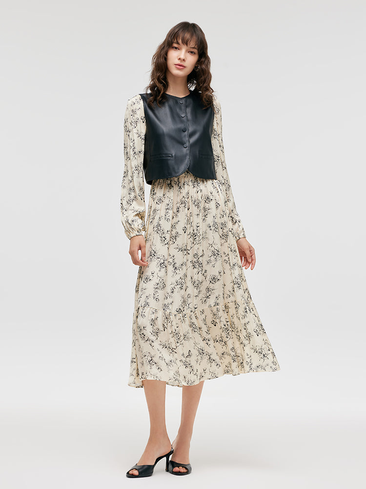 Conjunto Chaleco Eco Cuero Vegano y Vestido Midi Floral