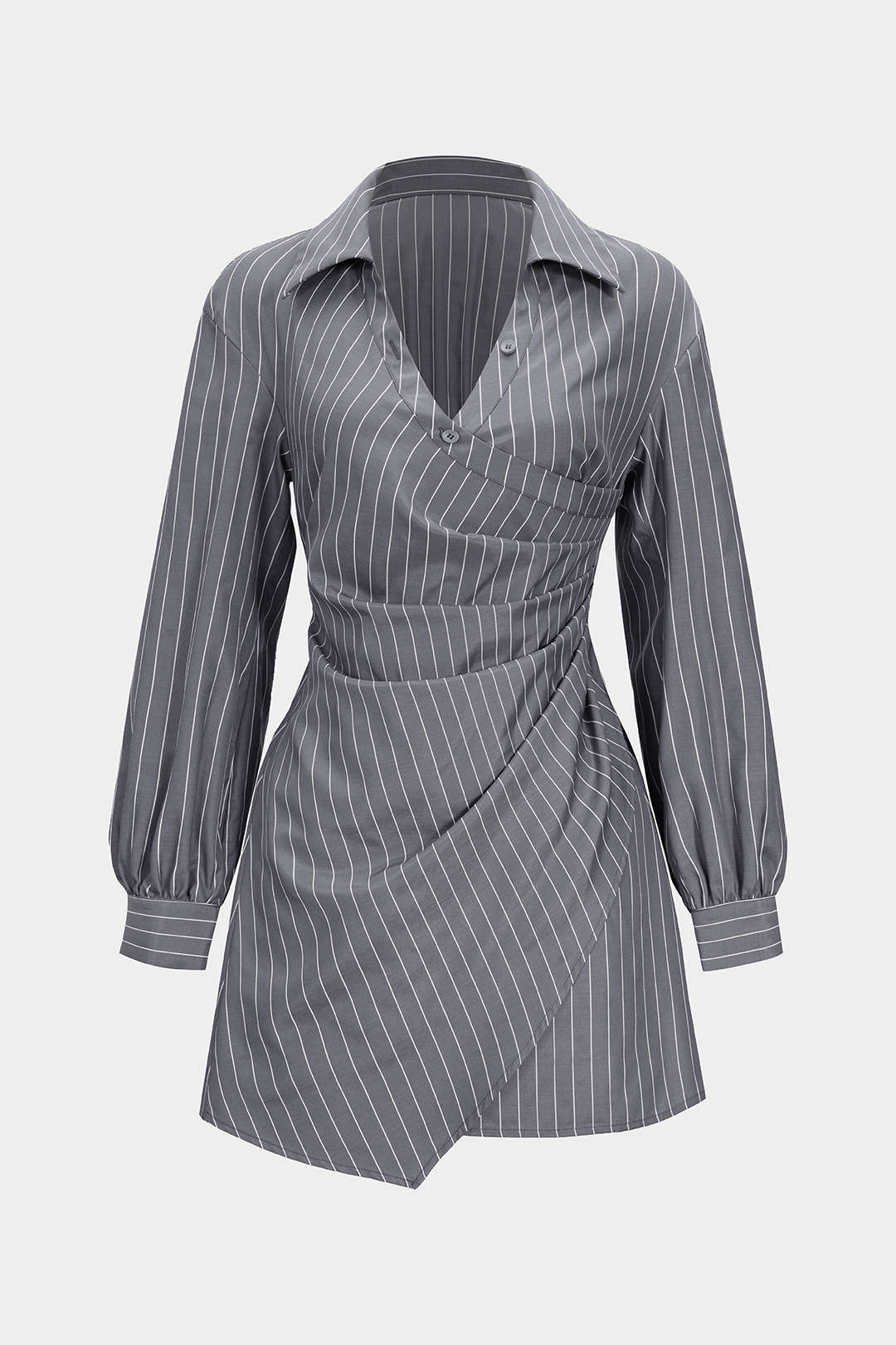 Stripes Print Button Ruched Smocked Long Sleeve Mini Dress