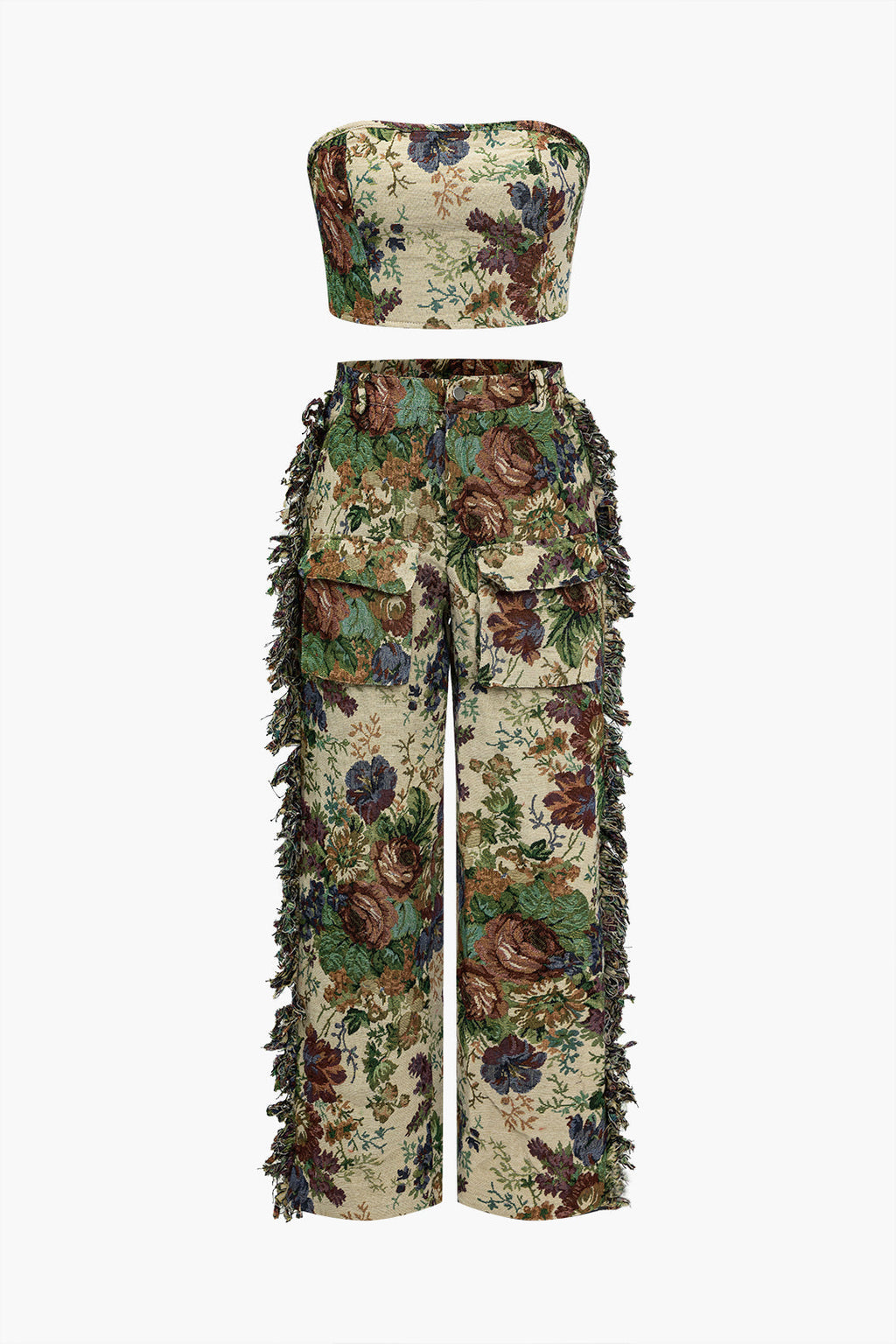 Conjunto Floral Flecos Blusa Espalda Atada Pantalones