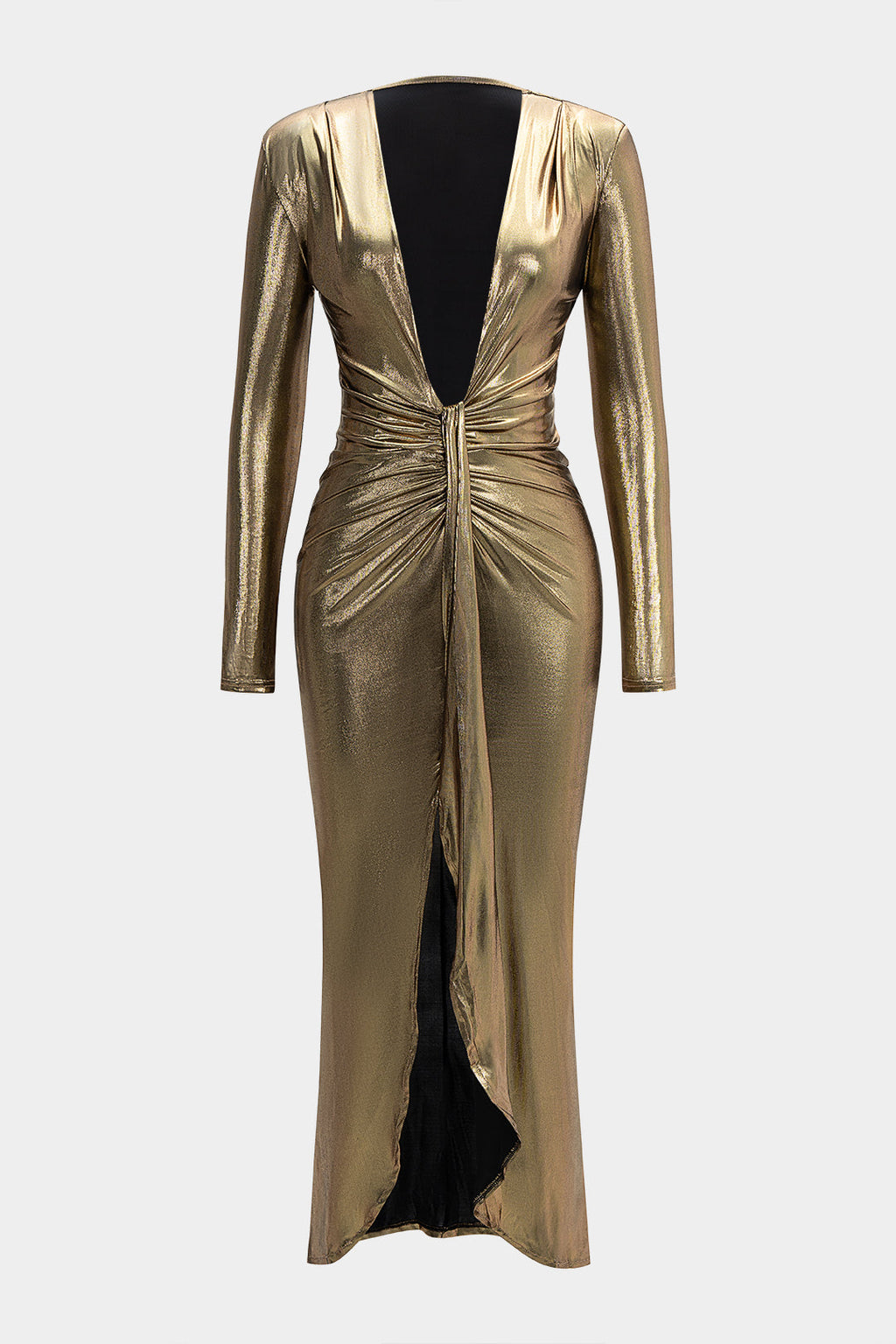 Deep V-Neck Ruched Long Sleeve Maxi Dress