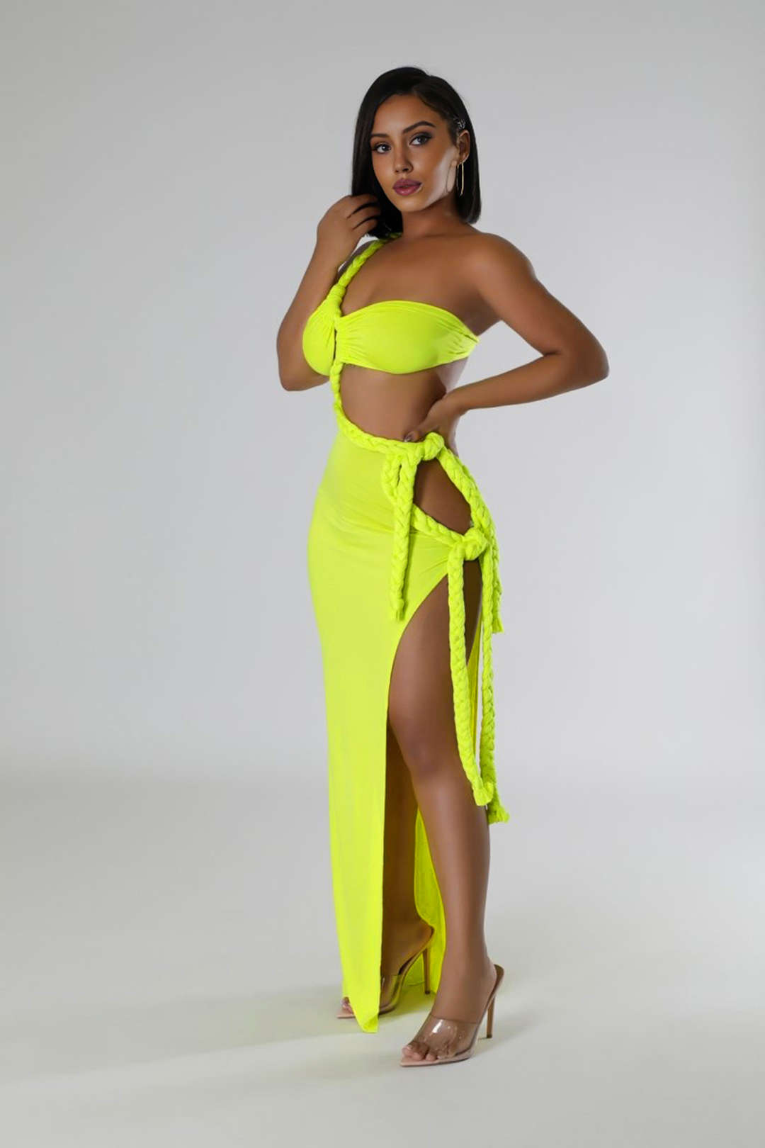 Vestido Maxi Arrugado Con Nudo Y Abertura Lateral