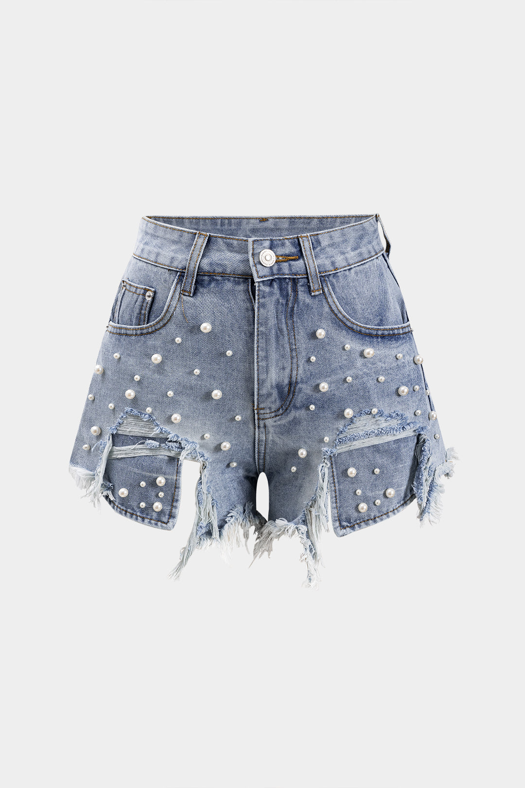 Shorts Denim Cintura Alta Con Abalorios Para Uso Diario