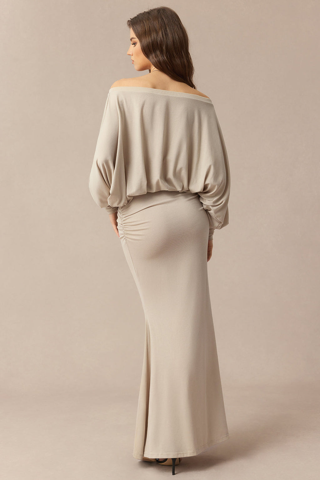 Off Shoulder Ruched Long Sleeve Maxi Dress