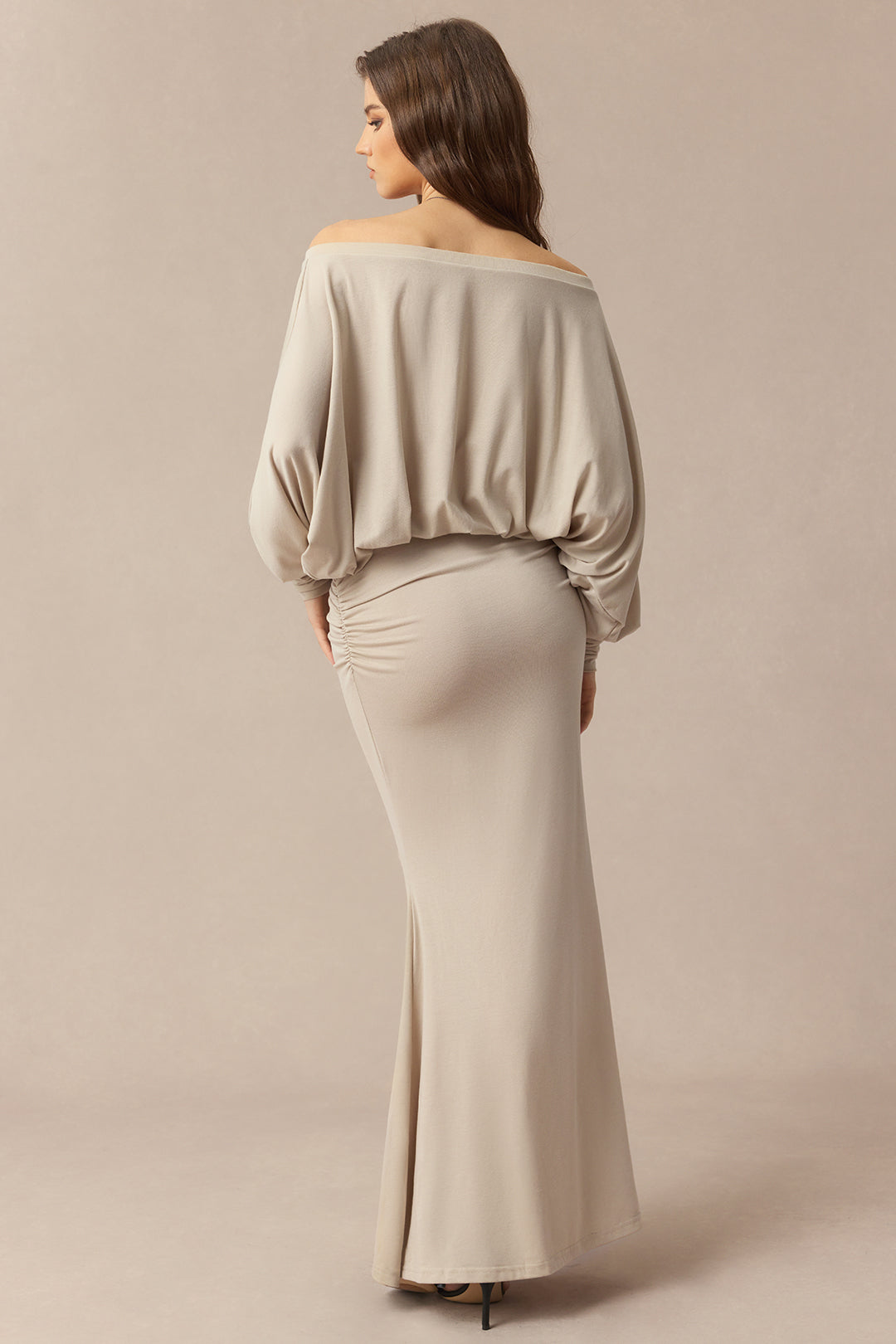 Off Shoulder Ruched Long Sleeve Maxi Dress