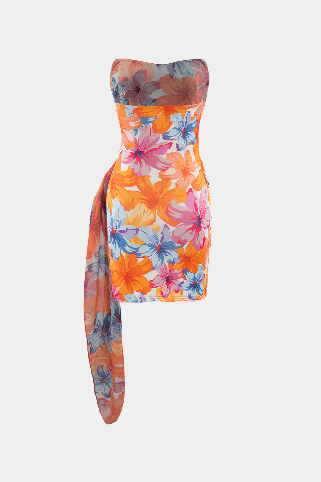 Vestido Mini Floral Envolvente Sin Tirantes Fruncido