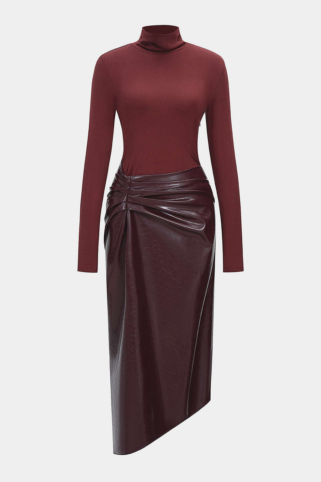 Faux Leather Patchwork Mock Neck Ruched Long Sleeve Maxi Dress