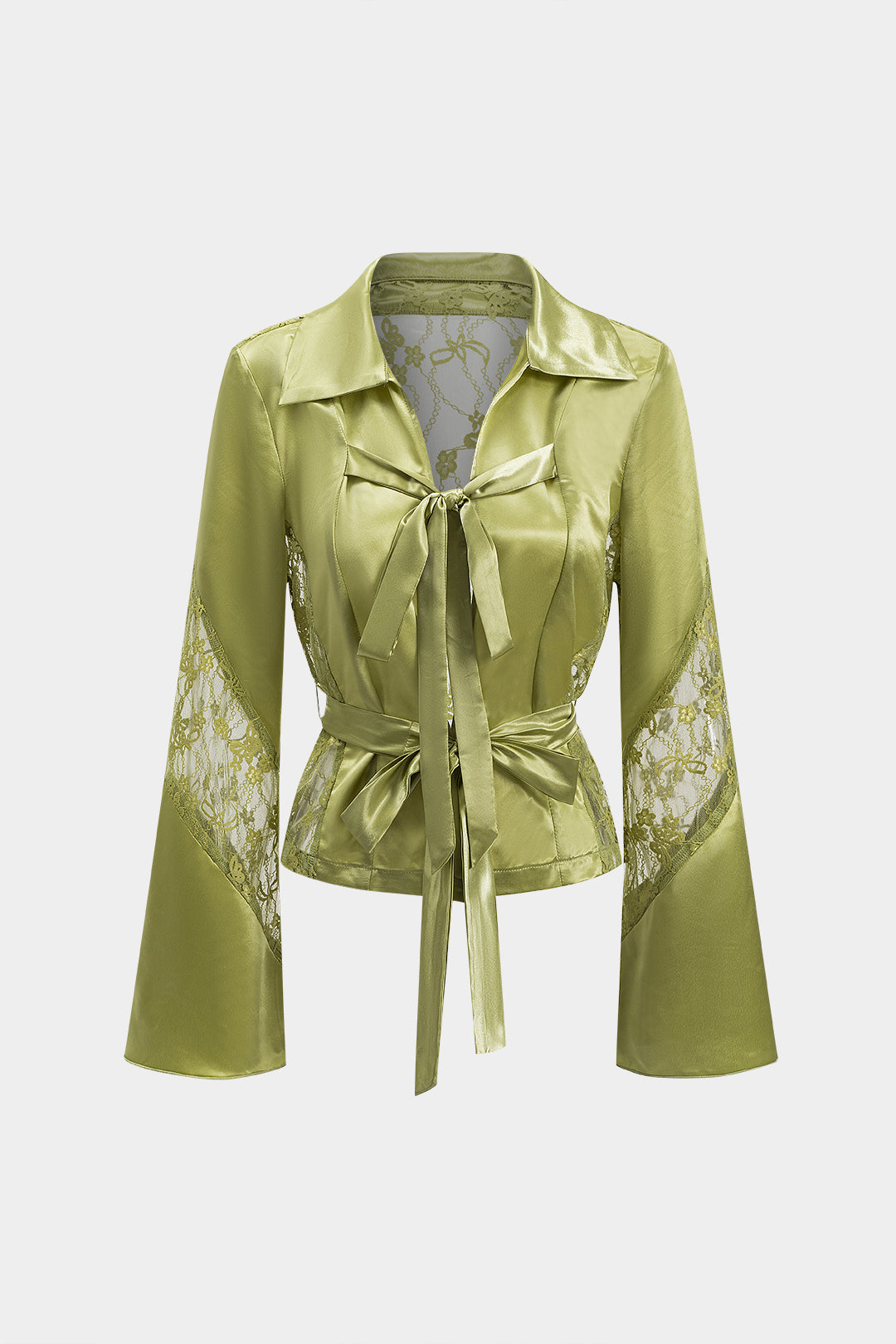 חולצה ארוכת שרוולים עם קשירה קדמית וטלאים מבד סאטן 