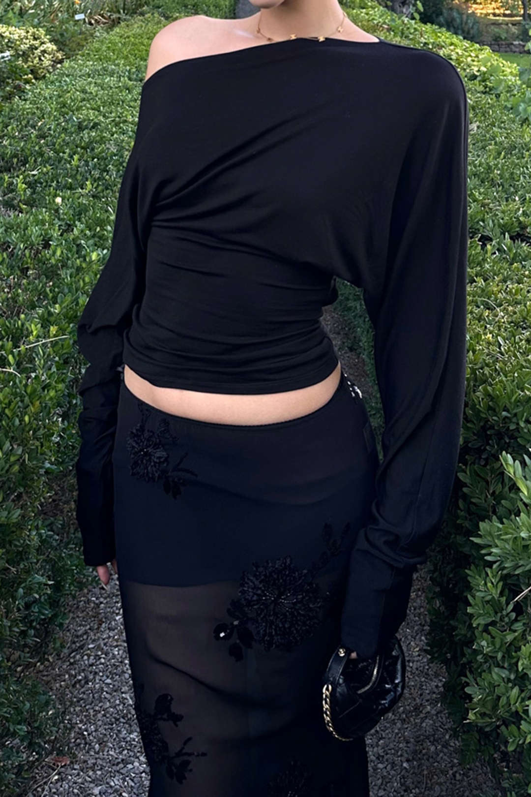 Cut Out Asymmetrical Neck Ruched Long-Sleeve Top