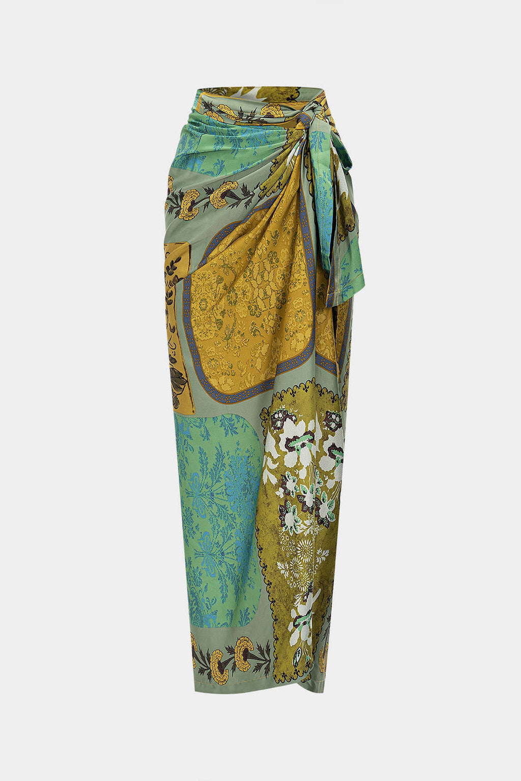 חצאית סאטן עם קשירה מלפנים והדפס רטרו 