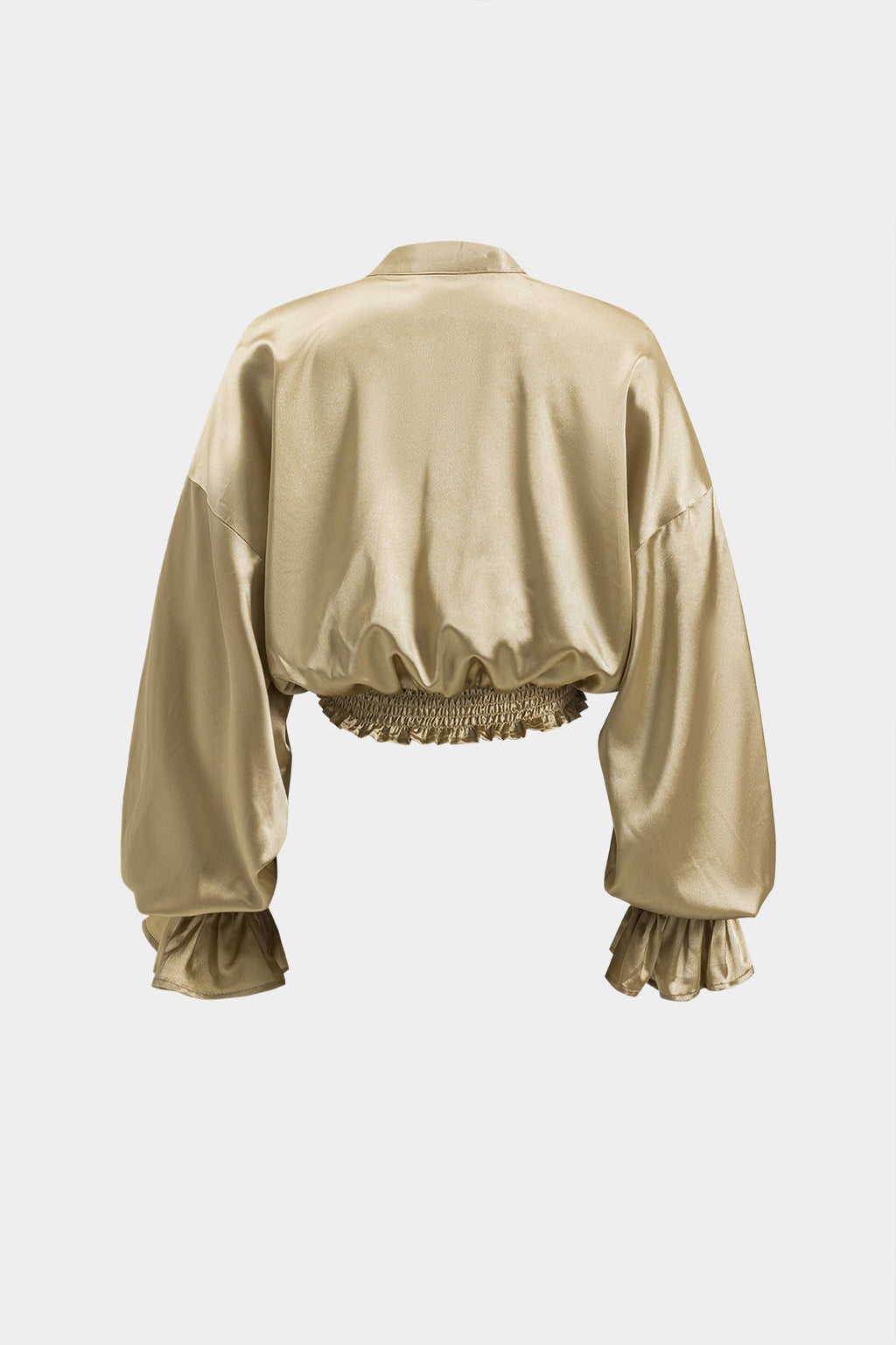 Satin Ruffle Ruched Tie Front Bell Sleeve Shirt